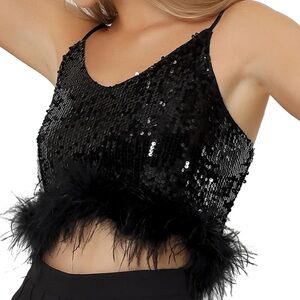 NWT 12th Tribe Black Feather Sequin Crop Tank